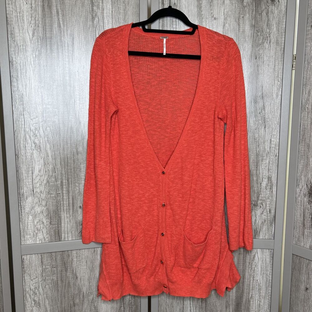 Free People Cardigan Orange Mid Length V Neckline Pockets Long Sleeve Size M
